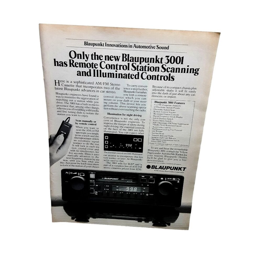 1981 Blaupunkt 3001 Car Stereo Original Vintage print ad 80s